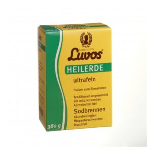 Gelbe Verpackung von Luvos Heilerde ultra fein, Pulver zur Einnahme gegen Magenbeschwerden.