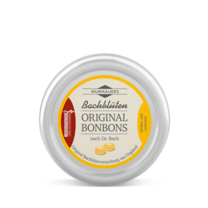 Runder Behälter mit gelbem Etikett für Bachblüten-Bonbons, alkoholfrei und zuckerfrei, nach Dr. Bach.