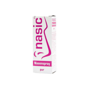 Verpackung eines Nasensprays mit rosa Logo und der Aufschrift "Nasic Nasenspray pur".