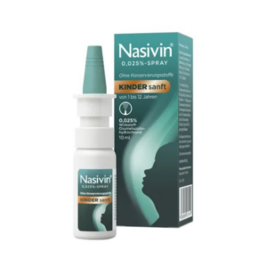 Nasivin Nasenspray für Kinder, 0,025%, in einer weißen Flasche mit grünem Sprühkopf und passender Verpackung.