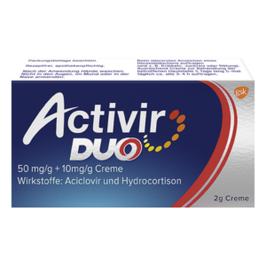 Packung mit Activir DUO Creme, enthält Aciclovir und Hydrocortison, für die Behandlung von Herpes.