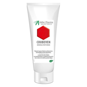 Tube mit mineralstoffreicher Creme namens Coubeven zur Behandlung von Couperose und venösen Beschwerden.