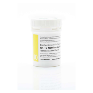 Runddose mit homöopathischen Tabletten, beschriftet mit "Nr. 10 Natrium sulfuricum" und Hinweisen zur Anwendung.