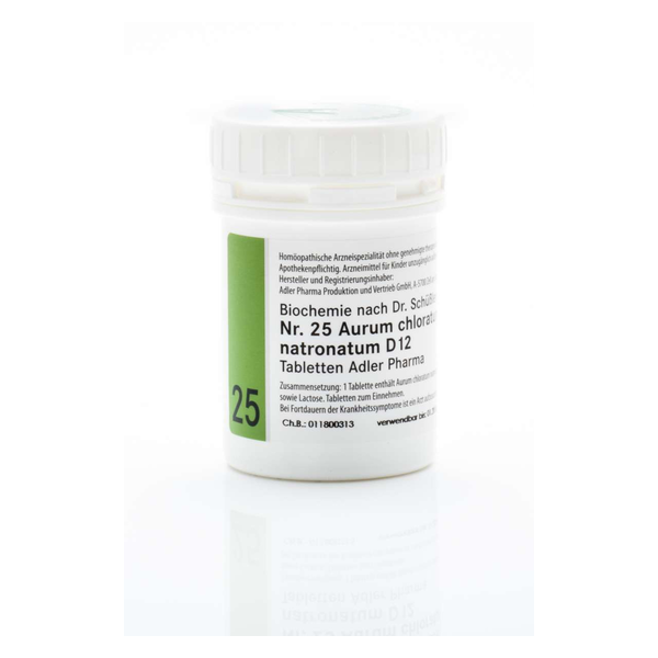 Weißer Fläschchen mit grünem Etikett, enthält homöopathische Tabletten mit Aurum chloratum natronatum D12.