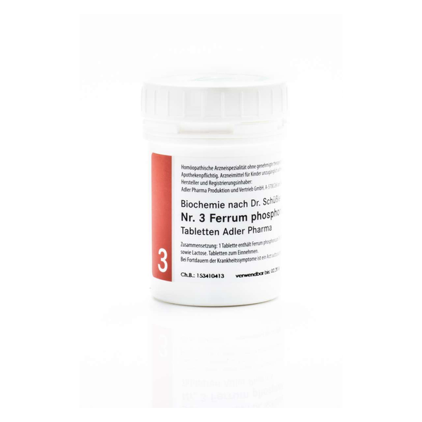 Runddose mit weißen Tabletten für homöopathisches Arzneimittel Ferrum phosphoricum von Adler Pharma.