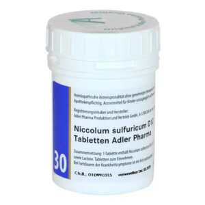 Weißes Röhrchen mit Schraubverschluss, beschriftet mit Informationen zu Niccolum sulfuricum D12 Tabletten.