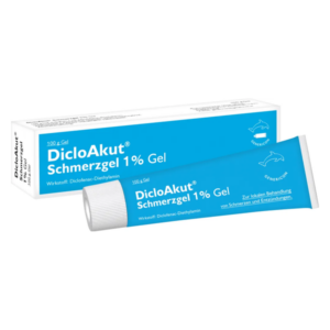 Tube mit DicloAkut Schmerzgel 1% und Verpackung, zur lokalen Behandlung von Schmerzen.