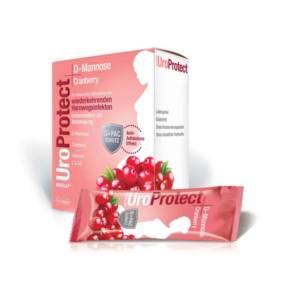 Verpackung von UroProtect mit D-Mannose und Cranberry zur Vorbeugung von Harnwegsinfekten, mit einem Beutel und Details zur Verträglichkeit.