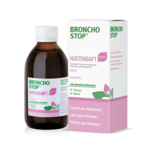 Broncho Stop Hustensaft in brauner Flasche mit dazugehöriger Verpackung, enthält pflanzliche Wirkstoffe ohne Alkohol.