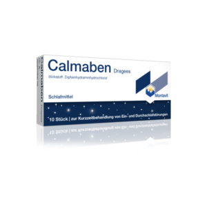Packung Calmaben Dragees, Schlafmittel mit Diphenhydraminhydrochlorid, blaues Design mit Sternenhimmel.