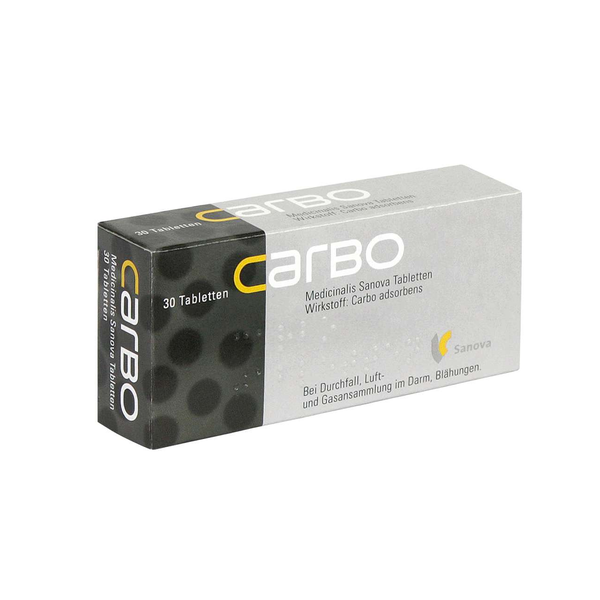 Packung mit 30 Carbo-Tabletten zur Behandlung von Durchfall und Blähungen, Hersteller Sanova.