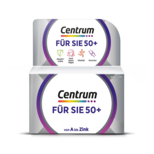 Verpackung von Centrum für Personen über 50, mit Angaben zu Abwehrkräften, Haut, Vitalität und Knochen.