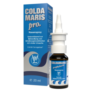 Nasen spray in braunem Glasfläschchen mit Sprühkopf, eingekapselt in einer blauen Verpackung mit weißen und grauen Akzenten.