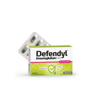 Verpackung von Defendyl Immunoglukan P4H mit Kapseln zur Unterstützung des Immunsystems, enthält Vitamin C und Zink.