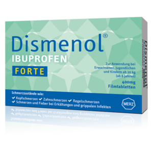 Verpackung von Dismenol Ibuprofen Forte, 400 mg Filmtabletten zur Schmerzlinderung bei verschiedenen Beschwerden.