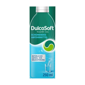 Flasche DulcoSoft, ein sanftes Abführmittel, mit grünem Design und abgerundeten Formen, 250 ml.