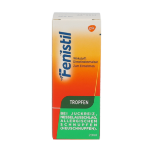 Fenistil Tropfen in einer orangenen und grünen Verpackung, 20 ml, zur Linderung von Juckreiz und Allergien.