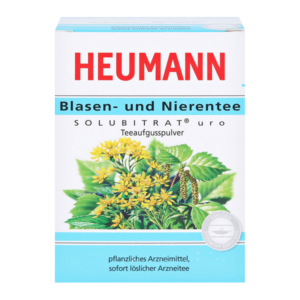 Verpackung von Blasen- und Nierentee, mit gelben Blüten und grünen Blättern auf der vorderen Abbildung.