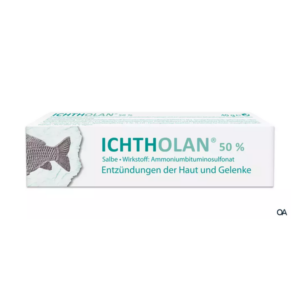 Verpackung der Ichtholan Salbe (50%) mit Informationen zu Inhaltsstoffen und Anwendung gegen Hautentzündungen.