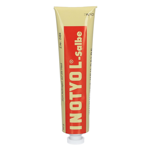 Tube Inotyol-Salbe in einer gelben Verpackung mit rotem Aufdruck, zur Anwendung auf der Haut.