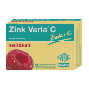 Verpackung von Zink Verla C mit Himbeer-Geschmack, für heiße und kalte Getränke, enthält 20 Beutel Granulat.