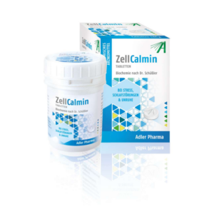 Verpackung von ZellCalmin Tabletten in einer weißen Dose und einer farbigen Box, zur Linderung von Stress und Schlafstörungen.