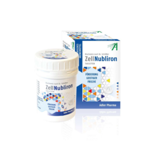 Behälter mit ZellNubliron-Tabletten zur Förderung geistiger Frische, umgeben von einer Verpackung mit geometrischen Mustern.