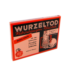 Verpackung von WurzelTod Hühneraugen-Pflaster, rot mit grafischen Illustrationen und Informationen zur Anwendung.
