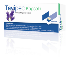 Verpackung von Tavipic Kapseln mit SpeikLavendelöl zur Behandlung von Bronchitis und Husten bei Erkältung.