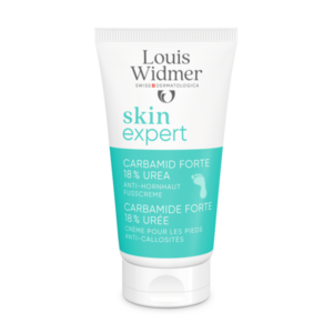 Tube mit Anti-Hornhaut-Fusscreme von Louis Widmer, 18% Urea, für die Pflege von trockenen Füssen.