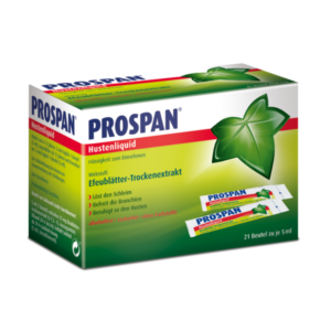 Kartonverpackung von Prospan Hustensaft mit grünem Efeublatt, enthält 21 Beutel zu je 5 ml.