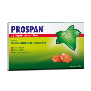Packung mit Prospan Hustenpastillen, enthält Efeublätter-Extrakt zur Linderung von Husten und Schleim.