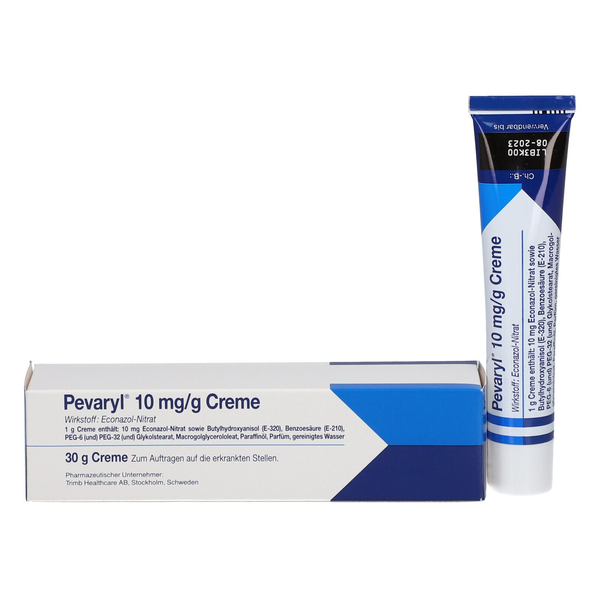 Pevaryl-10mg-creme-2025.png Pevaryl 10 mg/g Creme in einer Tube mit einem weißen Karton, der die Anwendung beschreibt.