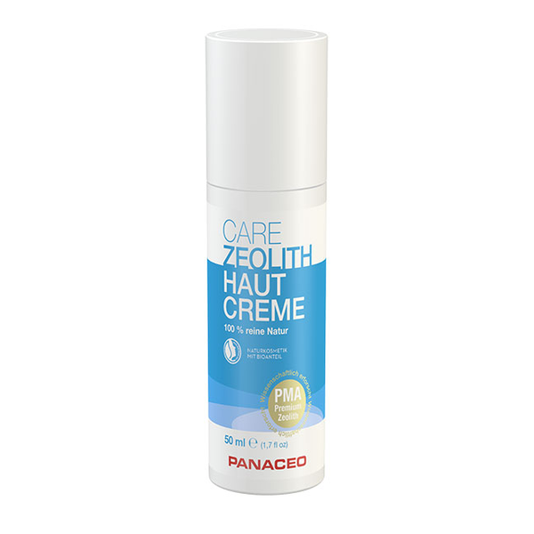 Panaceo-care-zeolith-creme-2025.png Weiße Flasche mit blauem Etikett, enthält 50 ml Zeolith Hautcreme, steht für 100 % reine Natur.