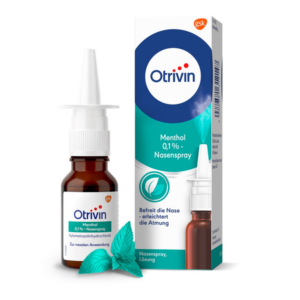 Otrivin Menthol 0,1% Nasenspray in brauner Flasche mit Sprühkopf und Verpackung, die Anwendungshinweise enthält.