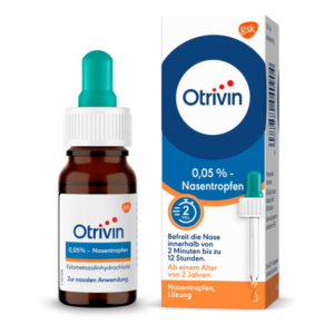 Otrivin Nasentropfen 0,05 % in brauner Flasche mit Pipette und Verpackung, die Anwendungshinweise enthält.