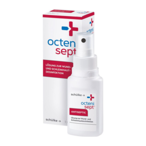 Flasche mit antiseptischer Lösung zur Wund- und Schleimhautdesinfektion, verpackt in Karton.