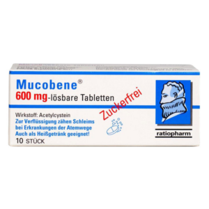 Verpackung von Mucobene 600 mg-lösbaren Tabletten mit dem Wirkstoff Acetylcystein, zuckerfrei, für Atemwegserkrankungen.