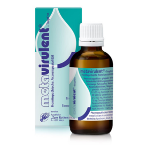 Braune Tropfflasche mit weissem Deckel neben einer blauen Verpackung, etikettiert mit 'metavirulent®' und Anwendungsgebieten.