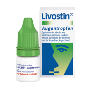 Livostin Augentropfen in einer weißen Flasche mit grünem Tropfer, verpackt in einer Kartonschachtel mit Anwendungshinweisen.