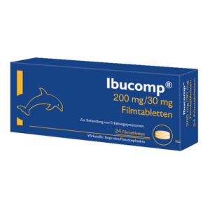 Packung Ibucomp Filmtabletten mit 200 mg Ibuprofen und 30 mg Pseudoephedrin zur Behandlung von Erkältungs-symptomen.