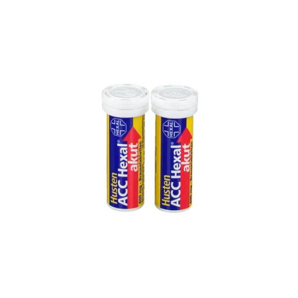 HustenACCHexal.png Zwei Röhrchen mit Hustenmittel ACC Akut Hexal, farbig beschriftet mit Logo und Dosieranleitung.