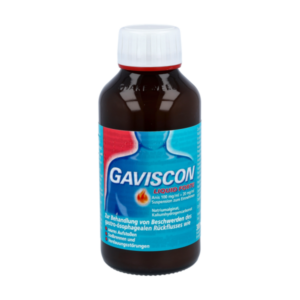 Braune Flasche mit weißem Schraubverschluss, enthält Gaviscon Liquid Forte gegen Sodbrennen.