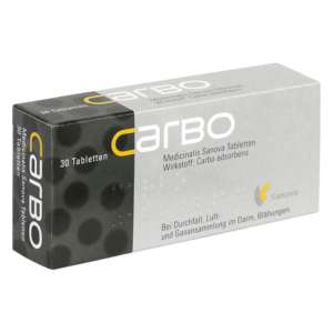 Packung mit 30 Carbo-Tabletten zur Behandlung von Durchfall und Blähungen, Hersteller Sanova.
