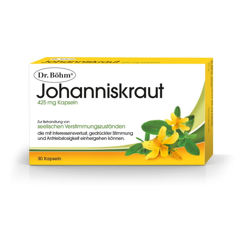Packung mit 30 Kapseln Johanniskraut zur Behandlung seelischer Verstimmungszustände, gelbe Blüten abgebildet.