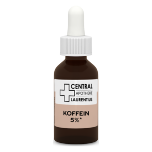 Braune Glasflasche mit Pipette, beschriftet mit Koffein 5% von Central Apotheke Laurentius.