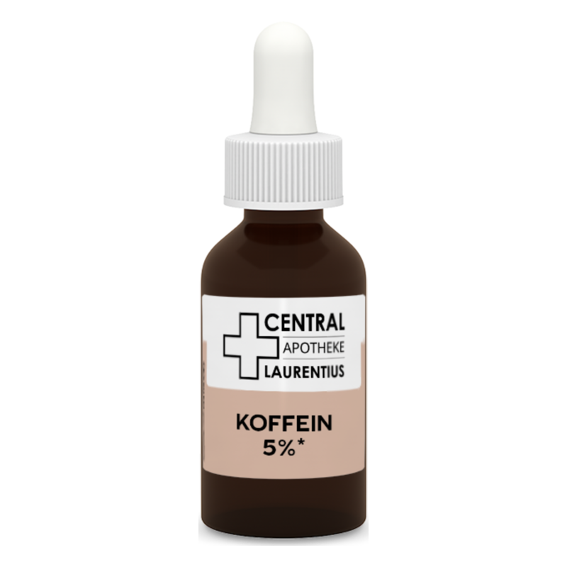 Braune Glasflasche mit Pipette, beschriftet mit Koffein 5% von Central Apotheke Laurentius.