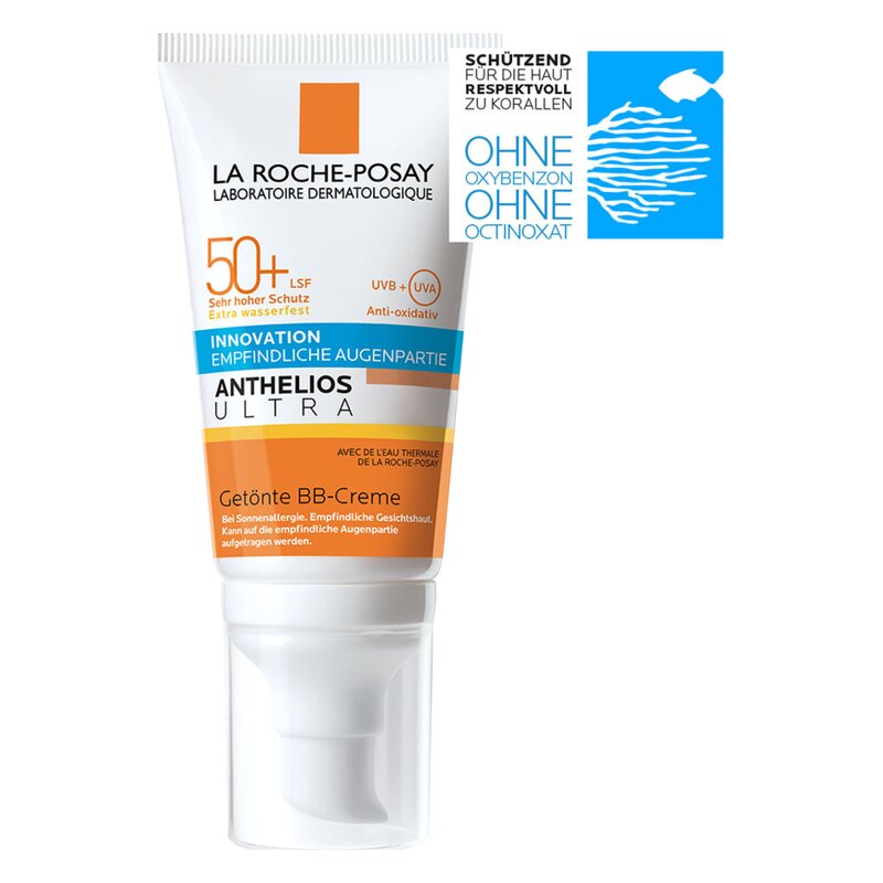 Getönte BB-Creme in einer weißen Tube mit orangefarbenen und blauen Akzenten, SPF 50+ und wasserfest