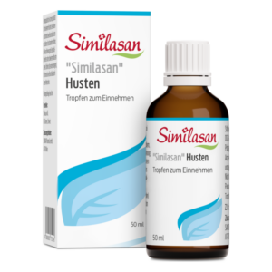 Braune Flasche mit Tropfverschluss und Verpackung für Similasan Husten, 50 ml, für die Einnahme.