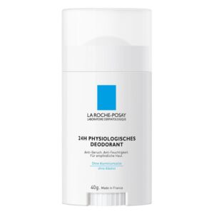 Weißer Deoroller von La Roche-Posay mit blauer Logovorlage, 24H Deodorant für empfindliche Haut, ohne Alkohol.